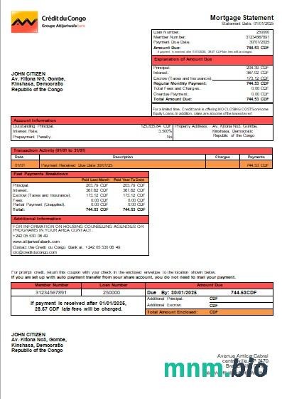 Kongo Credit du Congo wyciąg z kredytu hipotecznego szablon Word i PDF
